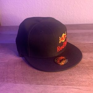 Black red bull hat with ear warmers